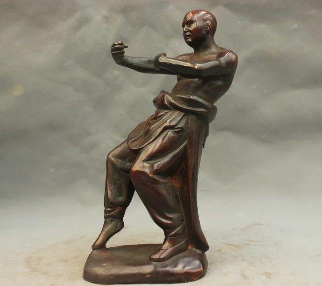 8'' China Shaolin Monk Play Kungfu Gongfu Martial Arts Bronze Statue