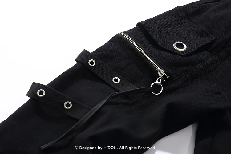 Железный обруч карман на молнии ленты джинсы байкерские Для мужчин панк-рок, хип-хоп брюки-карго шаровары бренд Kanye West черные джинсовые