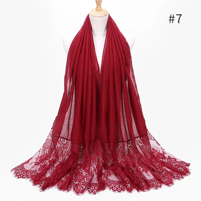ДЛИННЫЙ КРУЖЕВНОЙ тюрбан Femme сплошной цвет мягкий панельный шарф шаль мусульманский хиджаб платок оптом - Цвет: 7Wine Red