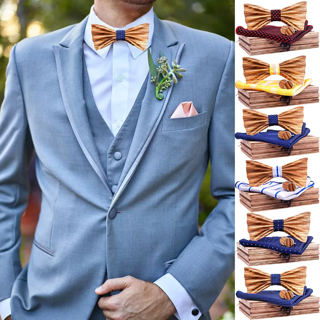 New design Wooden gear Bow Tie Men's Wood Bowtie Cufflinks Set Brand Business Neckties Cuff Links for Wedding Groom
