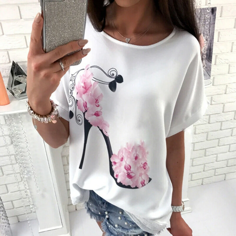 S-3XL 2019 Women Plus Size T-Shirt Summer Casual Loose Floral High-heeled Shoes Print Tee Tops Bat Short Sleeve Tops Lady Shirts