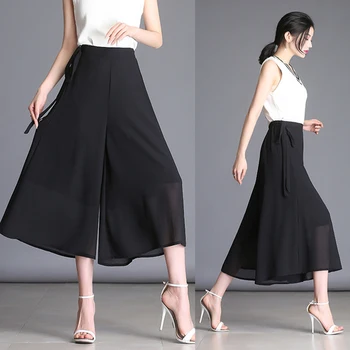 

Elegant Women Summer Pants Wide Leg Elastic High Waist Split Trousers Casual Streetwear Fashion Female Palazzo Pants Sash