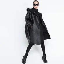 Красивая новая зимняя модная куртка с капюшоном, Женское пальто, куртка из искусственной кожи с длинным рукавом, черная утепленная куртка с разрезом