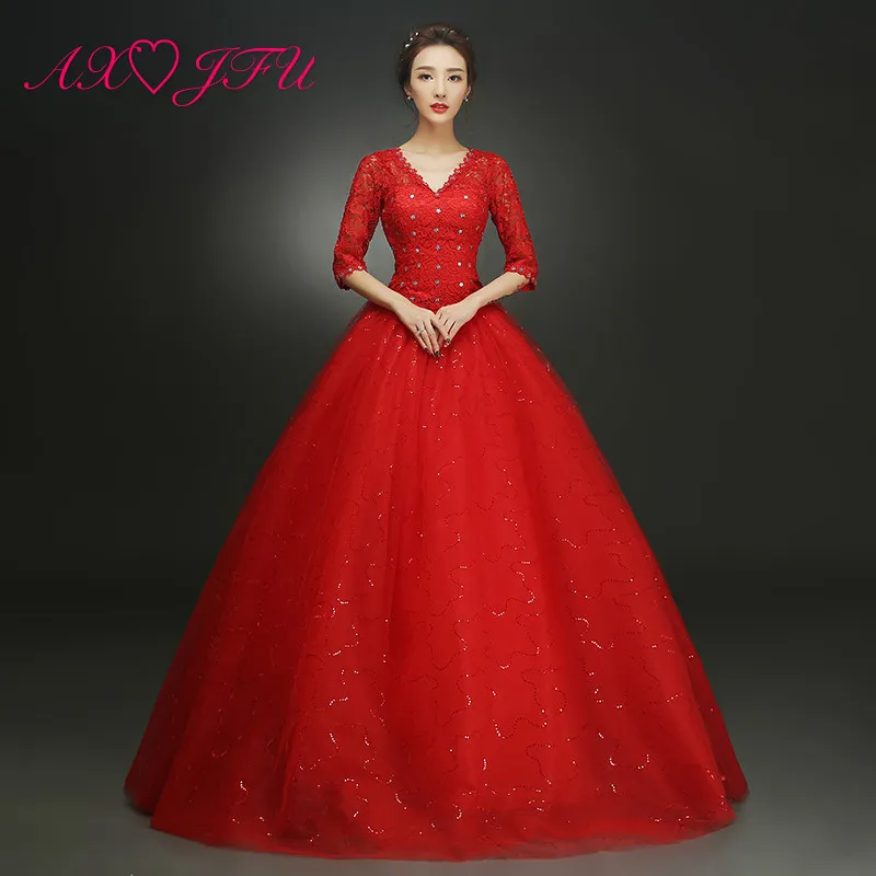 

AXJFU Red flower princess wedding Dress luxury half sleeve v neck white illusion party bride wedding dress