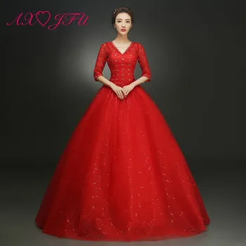 AXJFU Red flower princess wedding Dress luxury half sleeve v neck white illusion party bride wedding dress AXJFU Red flower princess wedding Dress luxury half sleeve v neck white illusion party bride wedding dress