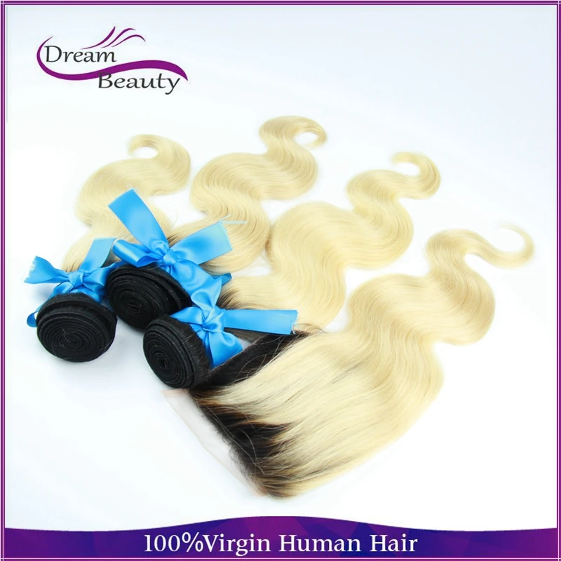 

7A brazilian blonde hair with closure 3 bundles with 4*4 lace closure dark roots ombre human hair with lace closure Cheap Weave