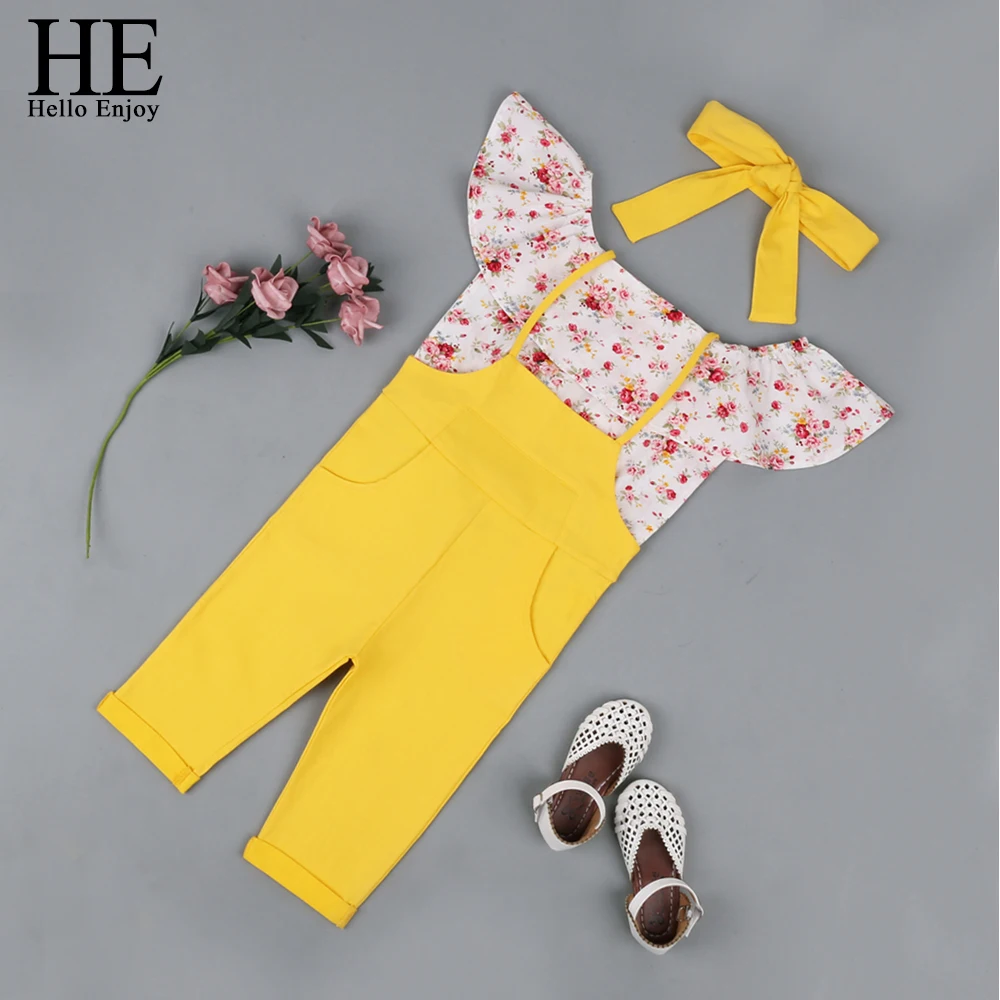 

HE Hello Enjoy Baby Girls Clothing Sets Off Shoulder Floral Sleevelesss Ruffle Pullover Top Strap Solid Trousers Kids Clothes
