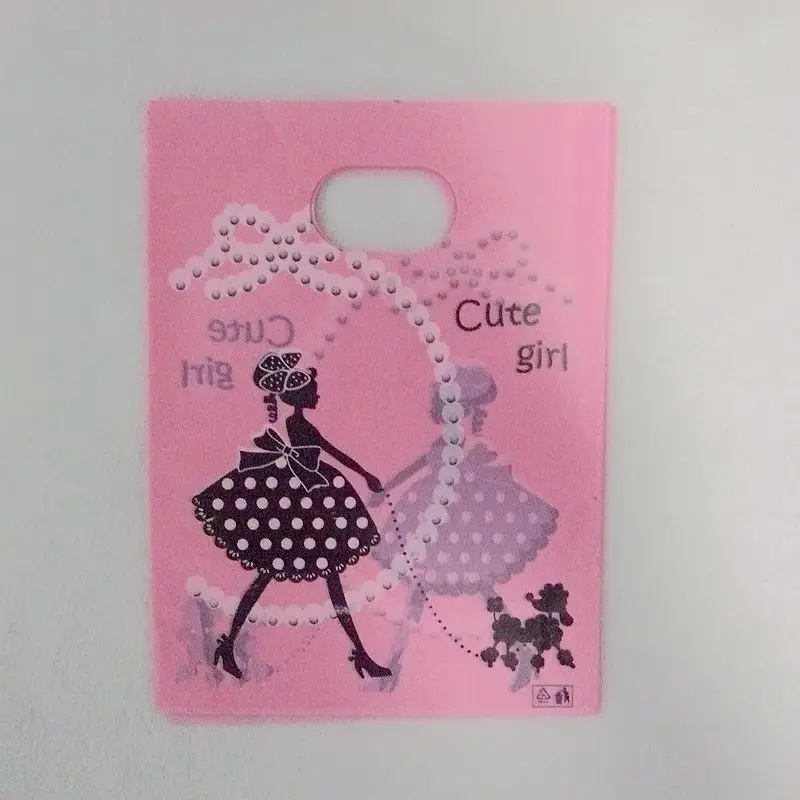 

25Pcs Cute Girl gift bags 15*20cm Light Pink background with two faces print with handle LDPE bag