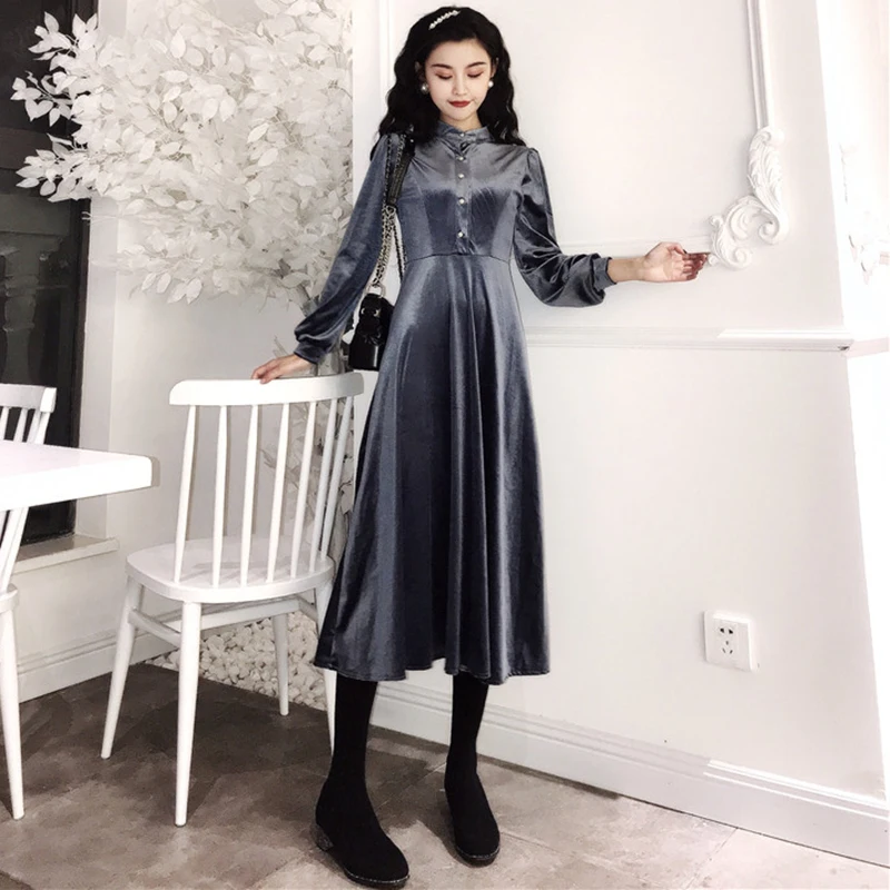 

2019 Autumn Winter Retro Gold velvet midi dress elegant lady temperament black ladies dress slim dresses robe femme vestidos