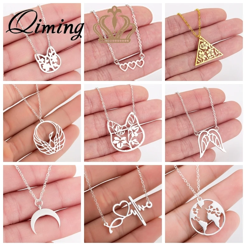 

2019 Stainless Steel Women's Necklace Simple Love Cat Moon World Map Geometric Statement Jewelry Pendant Necklace Girls Gift