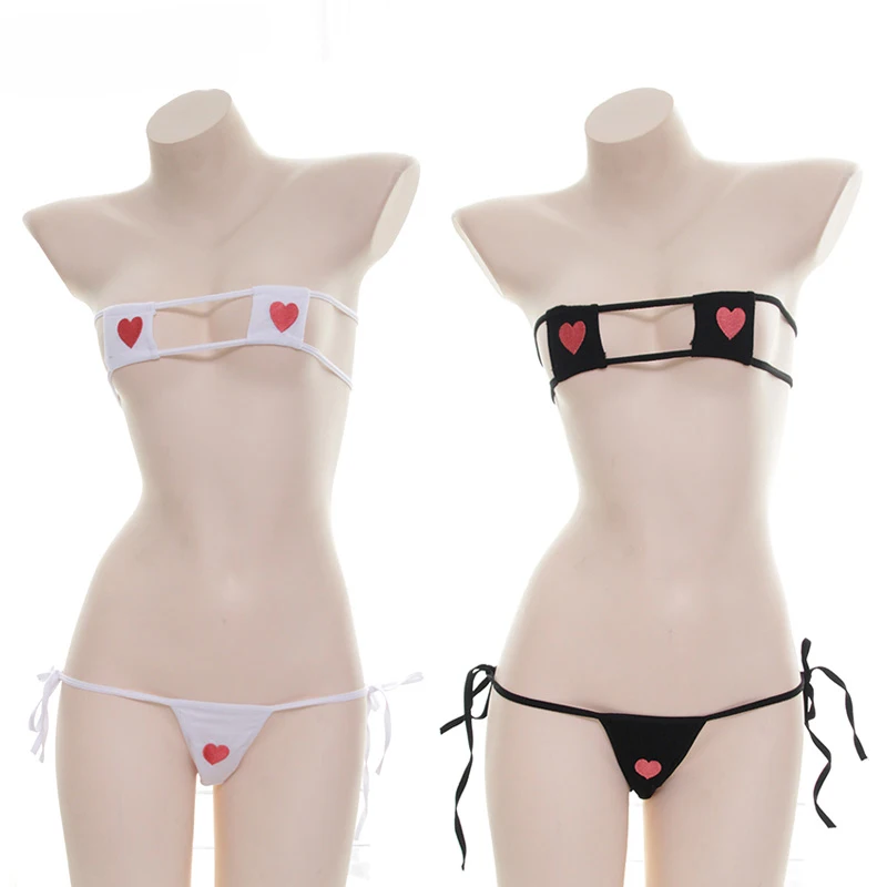 

Japanese Style Lolita Sexy Cute Love Square Bikini Sets Bandage Embroidery Underwear Set Cosplay Female White Black Lingerie
