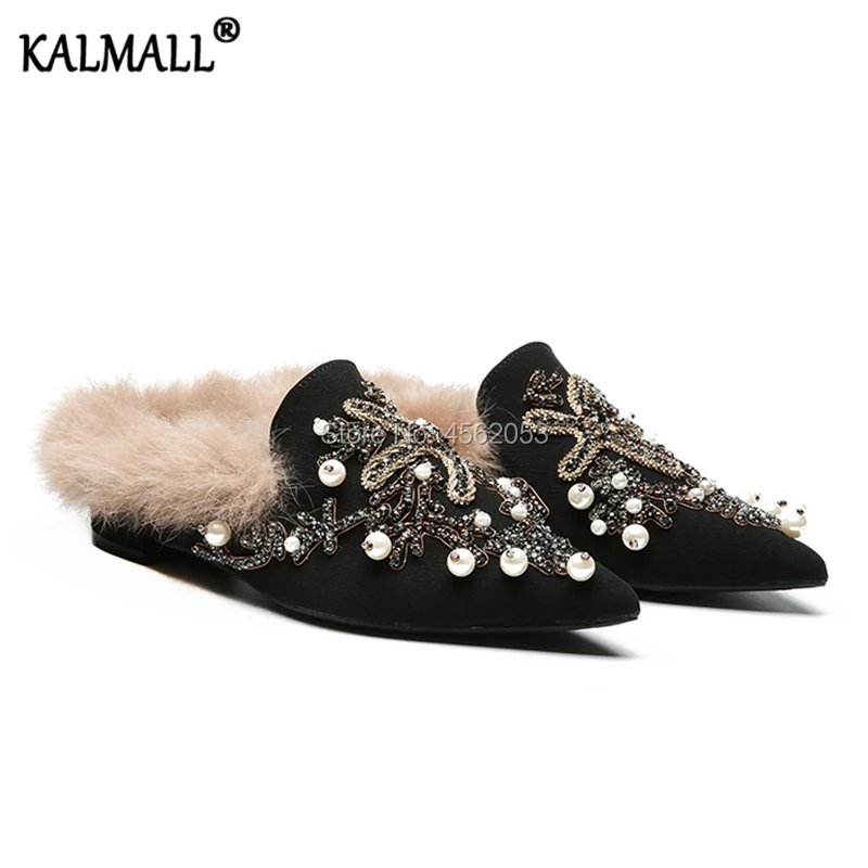 

KALMALL Fashion Autumn Winter Outdoor Slippers Women Loafers Pearled Rhinestone Embroidered Shoes Slip On Pointed Toe Fur Mules