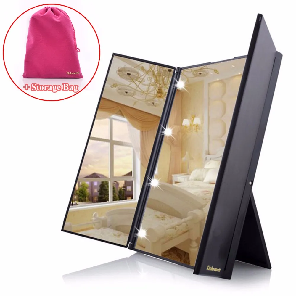 Tri Fold Adjustable Led Lighted Travel Mirror 8 LEDs Touch Screen Make