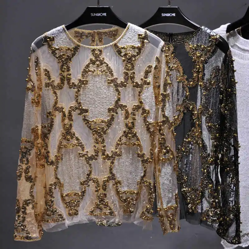 Шифоновые женские блузки и топы с пайетками и сетчатым низом, женская рубашка с круглым вырезом и длинным рукавом, сексуальный топ, Blusas Chemise Femme