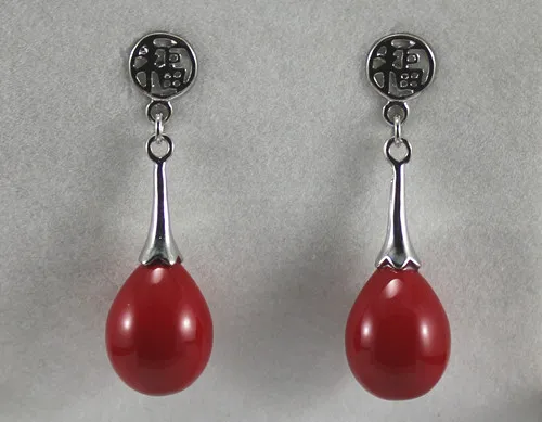 

wholesale Chinese 12*16mm red waterdrop shell pearl silver plated fu lucky stud earrings fashion jewelry001