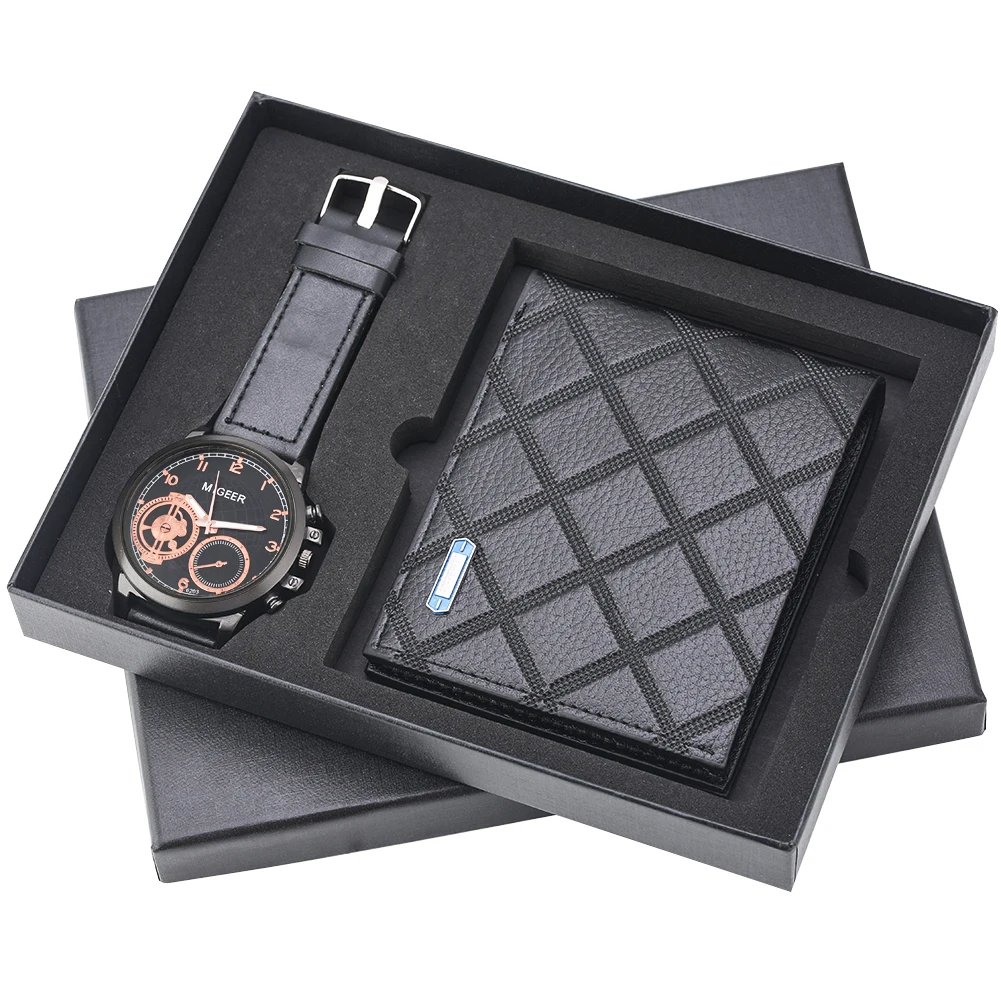 

Men Watches Steel/leather Band Quartz Wrist Watch Business Men Clcok Leather Wallet Gift Set for Boyfriend Dad Reloj Masculino