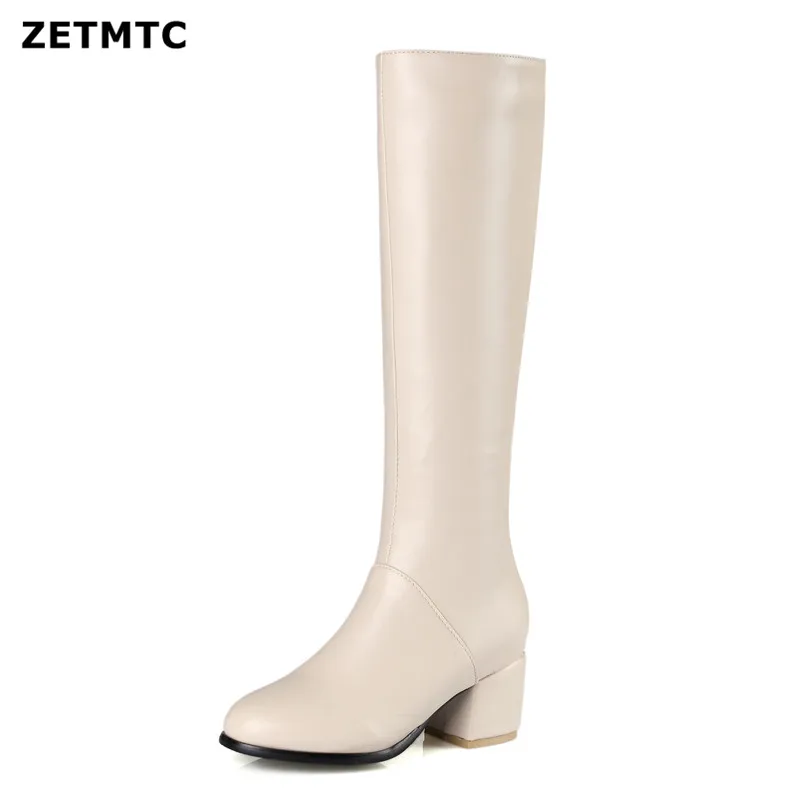 apricot Short plush Большие размеры 32-45; женские сапоги до колена; женская обувь на толстом высоком каблуке; женские зимние сапоги; обувь на платформе на молнии с пряжкой и ремешком - Цвет: apricot Short plush