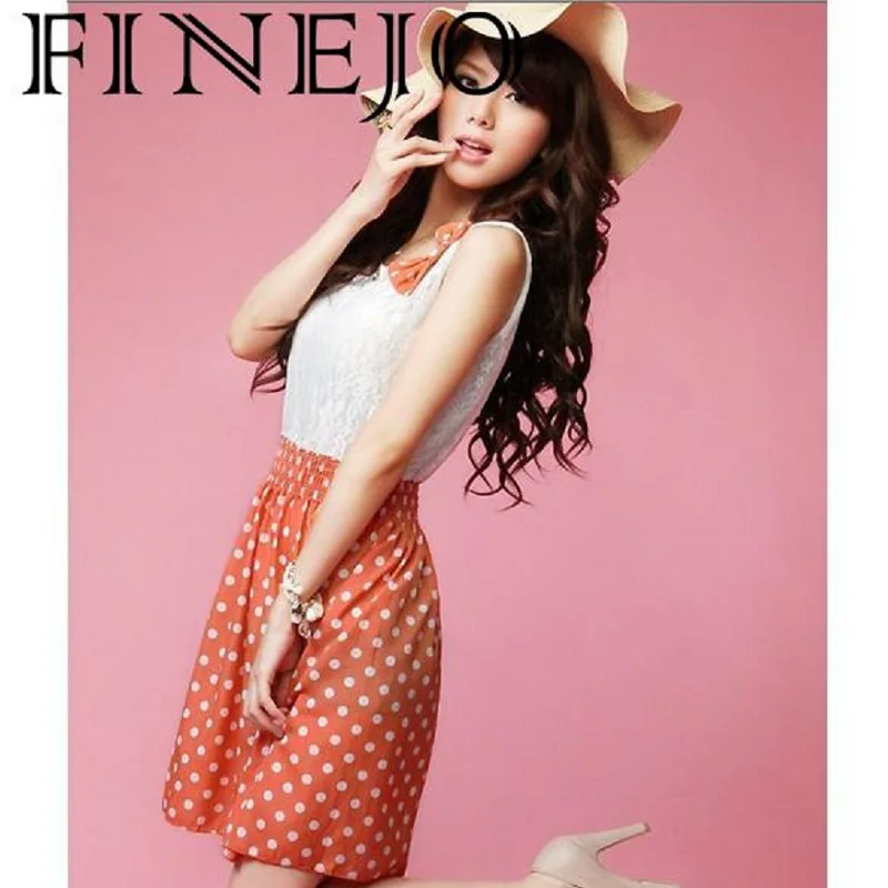 

FINEJO Lace New Dot Dress Fashion Polka Style Sweet Top Orange/Green Korean Style Women dresses