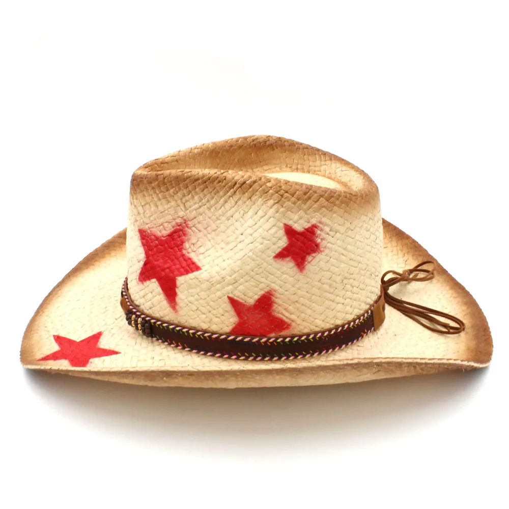 Women Men Straw Western Cowboy Hat With Punk Leaves Band Star Lady Dad Sombrero Hombre Cowgirl Jazz Caps Size 58CM