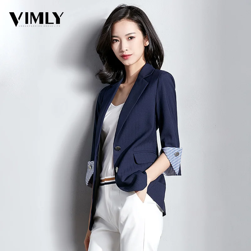 Vimly Women Office Elegant Blazer Ladies Business Suits Spring Autumn Women Outwear Jackets Navy Blue Slim long-sleeve Blazer