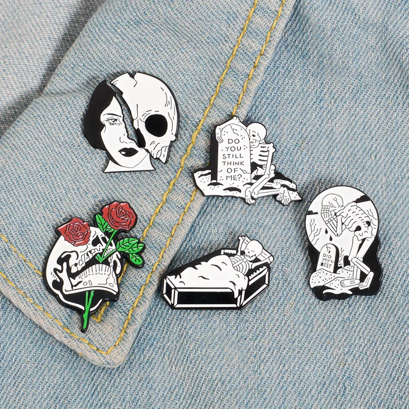 

2019 Woman Skull Face Enamel dark Pin Rose Dead Lovers Coffin skeleton Badge Brooch Shirt Bag Punk Jewelry Gift for kids trinket