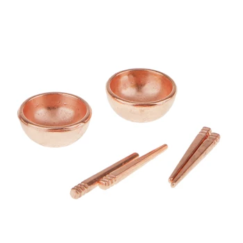 

New Pair Dollhouse Miniature Furniture Copper Metal Rice Bowls Chopsticks Classic Pretend Play Kitchen Toy for Child Gift Doll