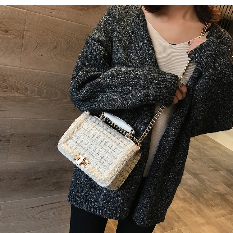 Зимняя модная Новая женская квадратная сумка-тоут, качественная шерстяная женская дизайнерская сумка с жемчугом, женская сумка через плечо на цепочке