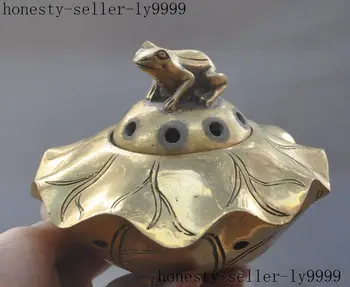 

chinese old brass Frog toad bufo Lotus flower lucky statue incense burner Censer