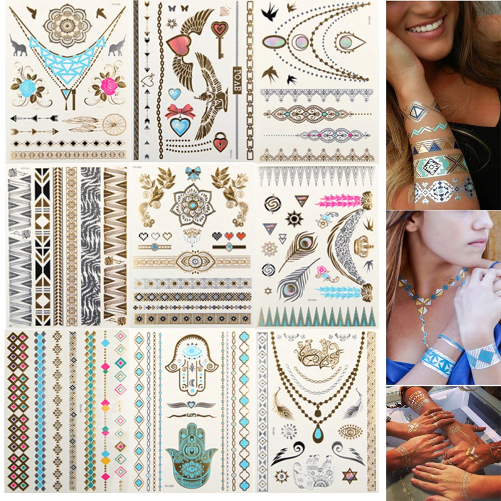 New Fashion Temporary Tattoo Stickers Temporary Body Art Waterproof Tattoo Pattern Women Sex Products Design Metal Gold (5)