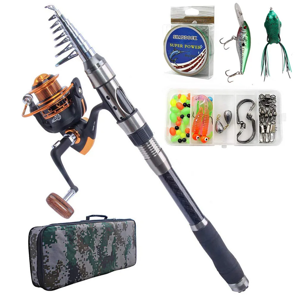 Fishing Rod Combo And Reel Full Kit Carbon Fiber Telescopic Spinning Portable Fishing Pole With Line Lures Hooks Swivels Sinkers
