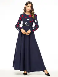 Повседневное шерстяные Цветочные абаи платье макси ремень с длинным рукавом халат платья Ближний Восток Рамадан Туника Vestidos кимоно