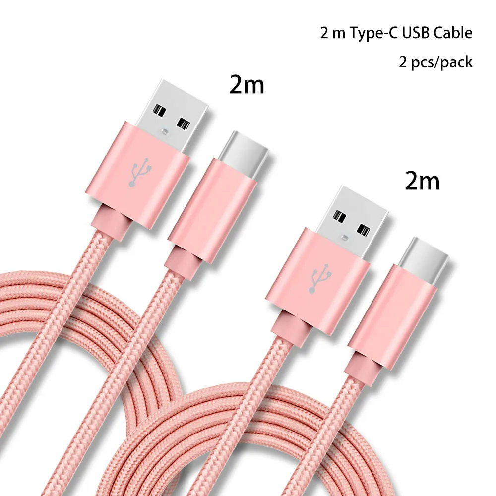 Розовый 2 м 2 шт./упак. 2.4A Тип C USB-C для передачи данных в нейлоновой Зарядное устройство кабель для samsung S10/LG G6/huawei P30/xiao Mi 8/OPPO R17/vivo NEX кабель