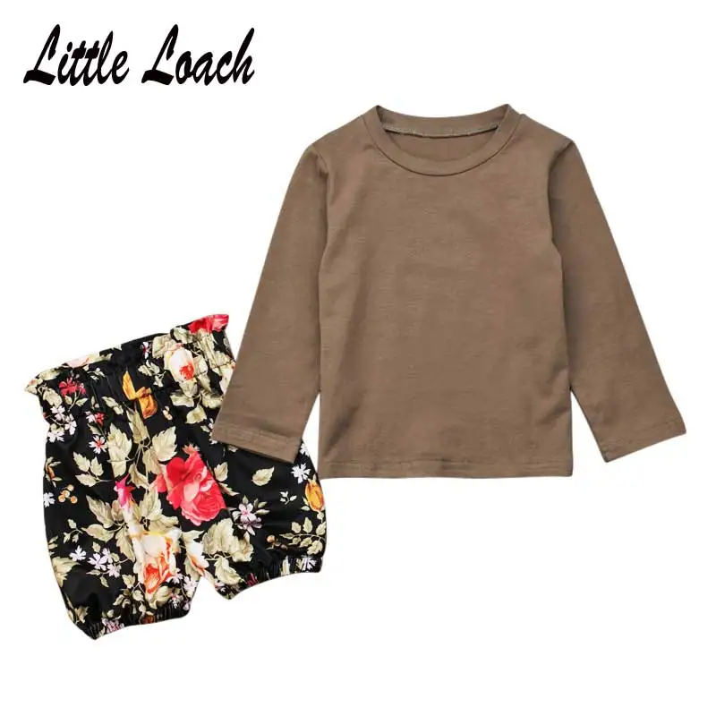 Summer Kids Girls' Sets Brown T shirt + Floral Shorts Two Pieces