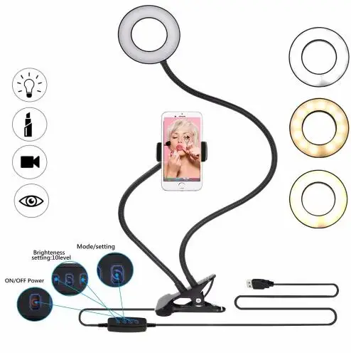 

2-in-1 Universal Cell Phone Lazy Holder with LED Selfie Ring Light Live Stream for iPhone Phone Clip Holder Bracket Desk Lamp