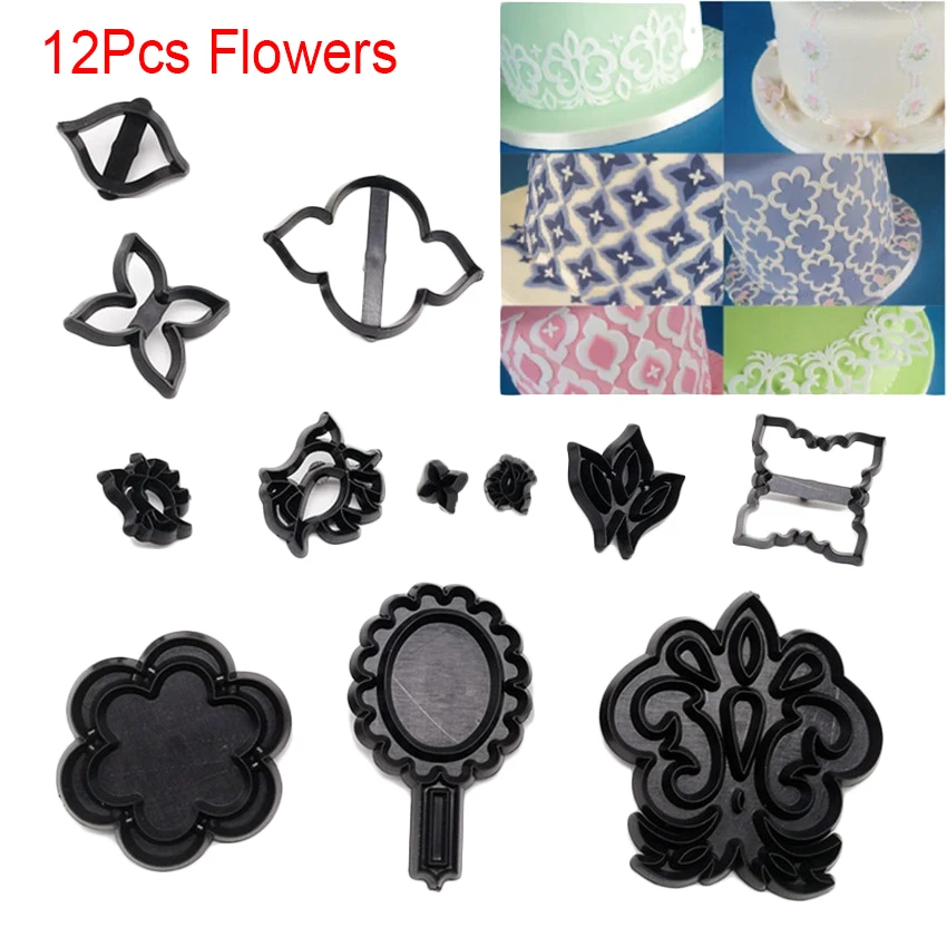12pcs Flowers Набор пресс-форм для украшения торта, пластиковые формочки для печенья, инструменты для выпечки, свадебные музыкальные Семейные животные, воздушные шары - Цвет: 12pcs Flowers