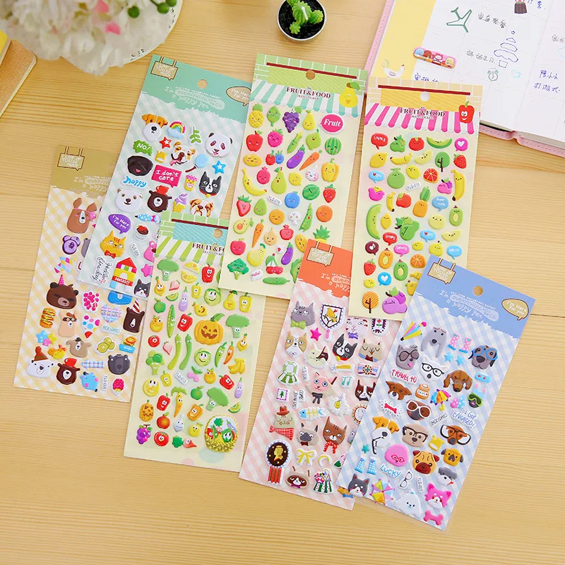 

4 Sheets 3D Fruit Car Stickers Pack Cute Animals Dog Pegatinas Number Letter Vegetable Funny Sticker Toys On Scrapbook Notebook