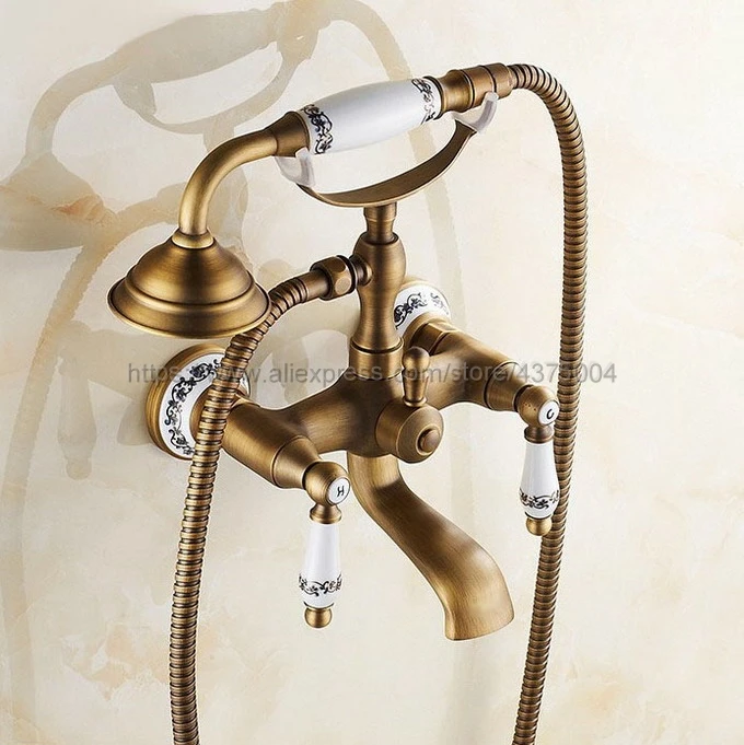 Beste Antiek Messing Bad Kranen Hand Regendouche Tap Luxe Keramische Telefoon Muur Bad Kraan Ntf306