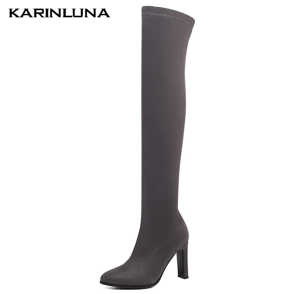 

Karinluna Over The Knee Boots Slip On Flock Stretch Boots Women Shoes High Heels Autumn Winter Shoes Female Boots Plus Size 43