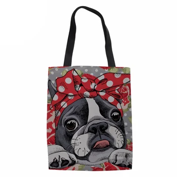 

Women Handbags Canvas Shoulder Bag for Girls Reusable Shopping Bag Cute 3D Animal Boston Terrier Ladies Handbag Beach Bag