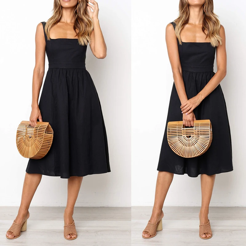 Women Simple Solid Color Dress Women Strapless Spaghetti Strap Fashion Vestidos Dresses Elegant Ladies Party Causal Summer Dress