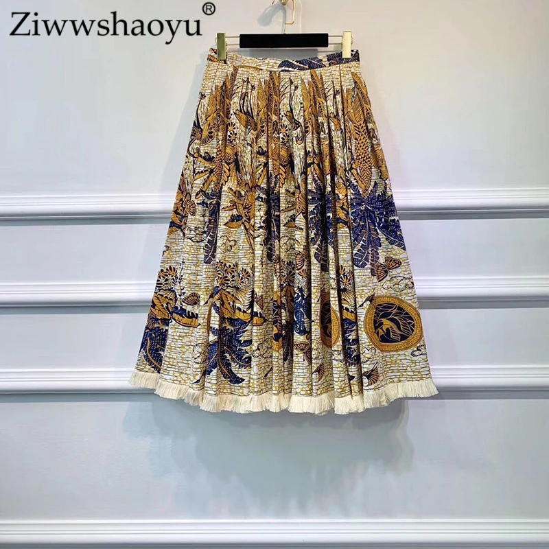 Ziwwshaoyu Англия Стиль печати 100% хлопок Юбки Высокая талия плиссированная большая Расклешенная юбка осень Новая женская