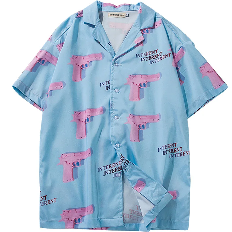 

New Turn-down Collar Shirts Men 2019 Summer Hawaii Style Pink Gun 3d Printing Casual Streetwear Hip Hop Short Sleeve Shirt