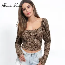 RICININA 2019 леопардовый Футболка для женщин квадратный воротник с длинным рукавом укороченные женские топы на лето и весну пикантные футболки