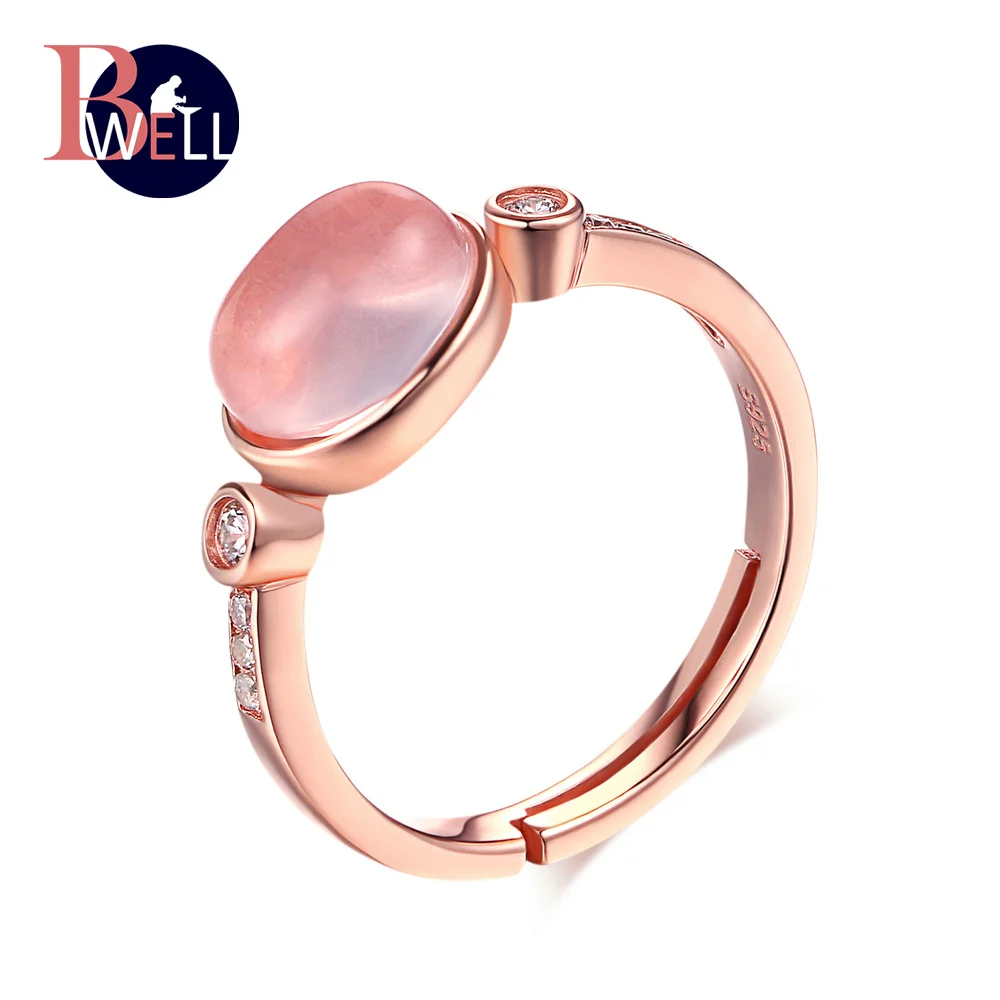 

Bwell Resizable Natural Gemstone Rose Quartz 3 Stone Ring 925 Sterling Silver Rose Gold Plated Fine Jewelry For Women BWRI014