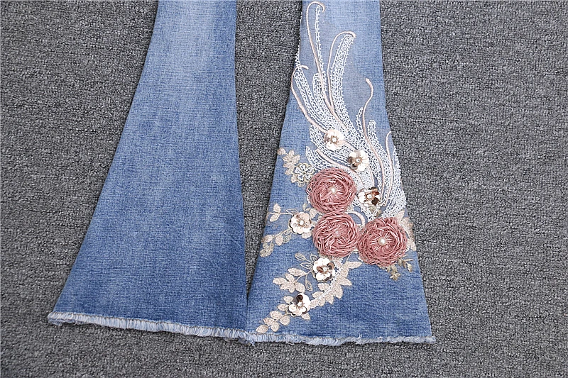 Блестки цветочные хлопок эластичные расклешенные брюки для женщин тонкий плюс размер синий новое поступление