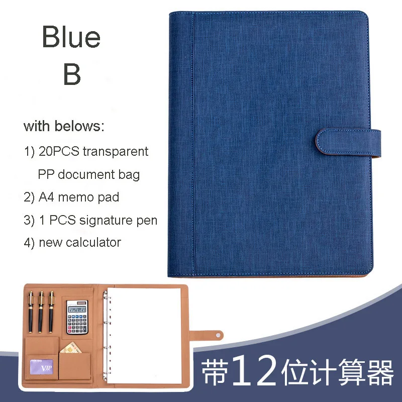 A4 бизнес Искусственная кожа portfilio менеджер мешок архива держатель портфель с кольцом связующего calculater кнопки 1163 - Цвет: blue B