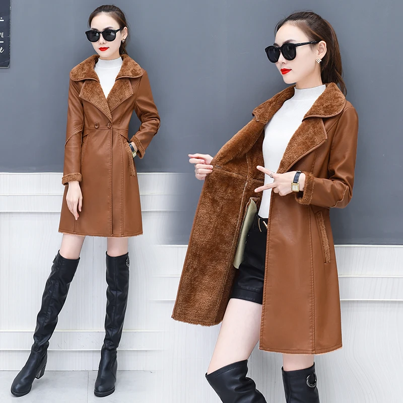 Винтажное пальто женское элегантное двубортное с длинным рукавом тонкий флис женская кожаная куртка корейская мода теплое Женское пальто