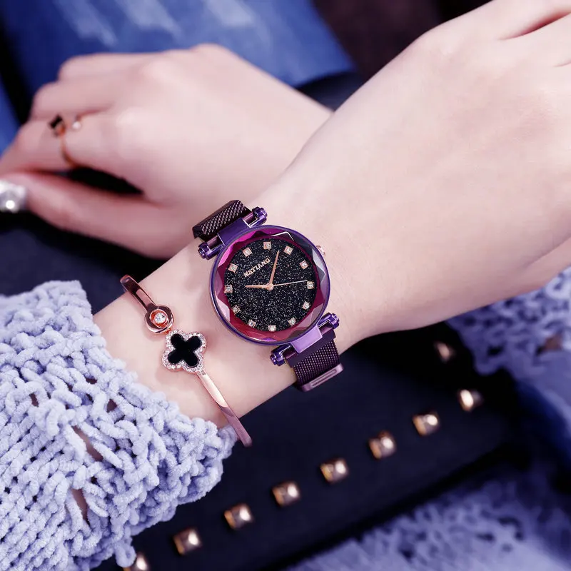

Women's fashion luxury stainless steel magnetic buckle strap with refractive surface luminous dial ladies quartz watch