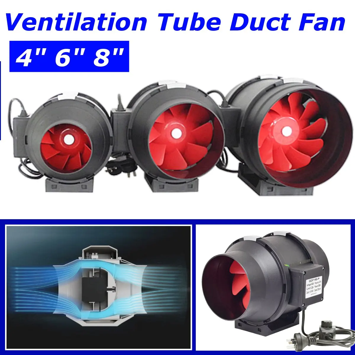 240V 8/6/4 дюйма вентилятор вытяжной канальный вентилятор подключаемый к системе вентиляции потолка трубы исчерпания импеллер для бытовой промышленный
