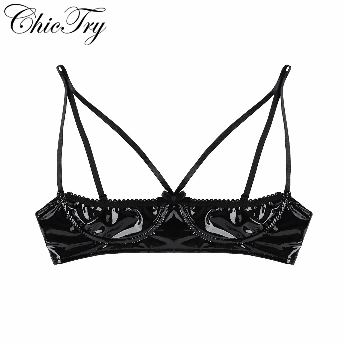 

Sexy Female Women Black Soft Sheer Adjustable Spaghetti Straps Lingerie Faux Leather Wire-free Unlined Bra for Nightwear Clothes
